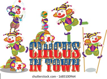 Font design for word circus in town with happy clowns illustration