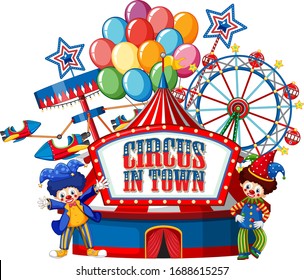 Font design for word circus in town with clowns in the circus illustration