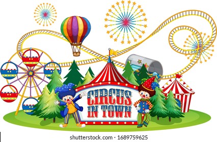 Font design for word circus in town with clowns in the circus illustration