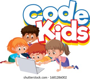 Font design for word code kids with children working on computer illustration