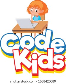 Font design for word code kids with girl working on computer illustration