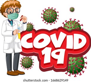 Font design for word covid 19 and male doctor illustration