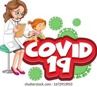 Font design for word covid 19 with sick girl and doctor illustration