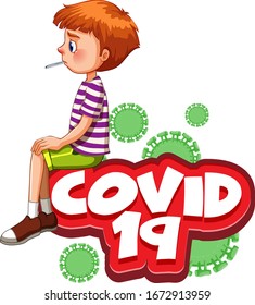 Font design for word covid 19 with sick boy illustration