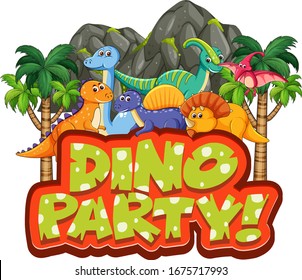 Font design for word dino party with many dinosaurs in forest illustration
