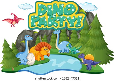 Font Design For Word Dino Party With Dinosaurs By The River Illustration