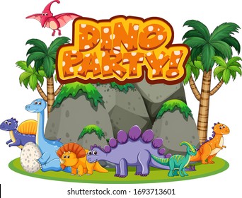 Font design for word dino party with many dinosaurs in forest illustration