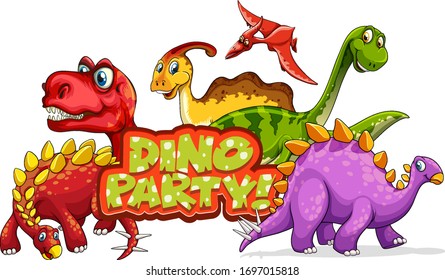 Font design for word dino party with many dinosaurs illustration