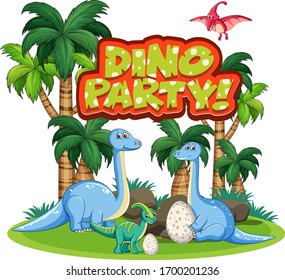 Font design for word dino party with dinosaurs in the jungle illustration