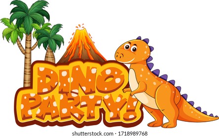 Font design for word dino party with T-Rex by the volcano illustration