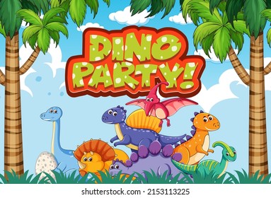Font design for word dino party with dinosaurs in the jungle illustration