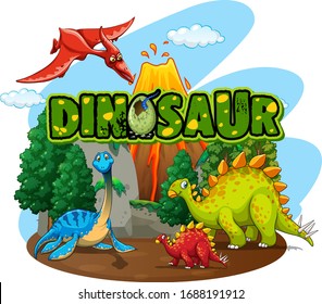 Font design for word dinosaur with many dinosaurs in the forest illustration