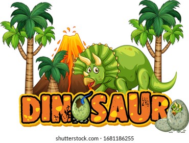 Font design for word dinosaur with triceratops in forest illustration