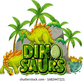 Font design for word dinosaurs with dinosaurs in the jungle illustration