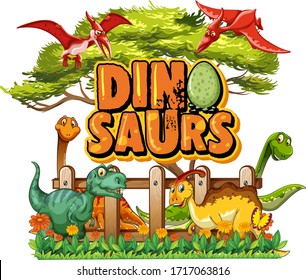 Font design for word dinosaurs with many dinosaurs in the park illustration