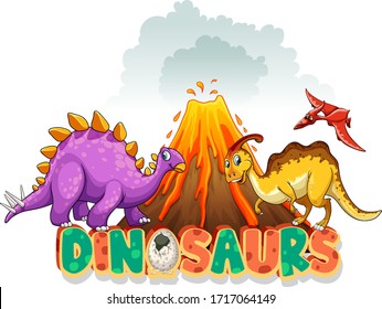 Font design for word dinosaurs with three dinosaurs by the volcano illustration