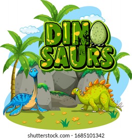 Font design for word dinosaurs with two dinosaurs in the park illustration