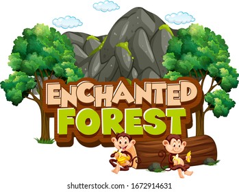 Font design for word enchanted forest with monkeys in the forest illustration