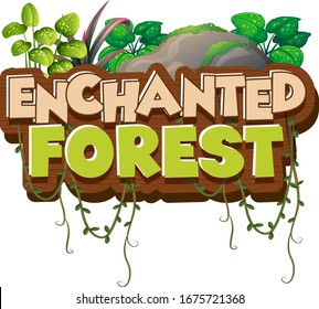 Diseño de fuentes para bosque encantado de palabras con plantas verdes ilustración
