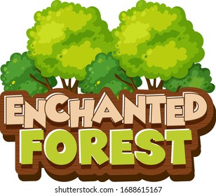 Diseño de fuente para bosque encantado de palabras en ilustración de fondo blanco