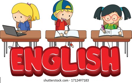 Font design for word english with students in classroom illustration