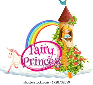 Font design for word fairy princess with princess in the tower illustration