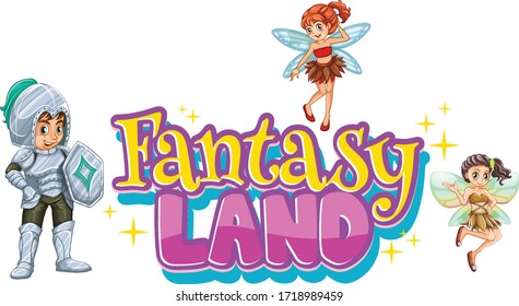 Font design for word fantasy with fairy and knight illustration