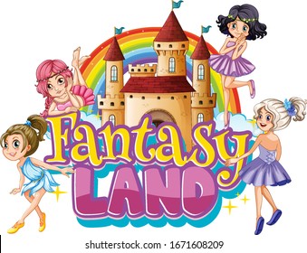 Font design for word fantasy lan with fairies flying illustration