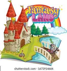 Font design for word fantasy lan with big castle in the story book illustration