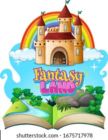 Font design for word fantasy lan with castle towers in the book illustration
