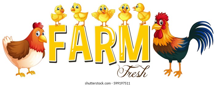 Font design for word farm with chickens illustration