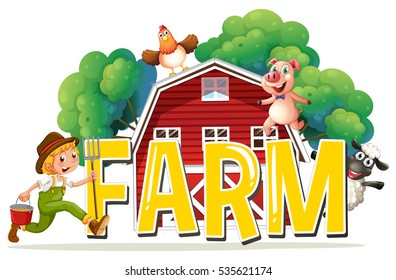 Font design with word farm with farmer and animals illustration