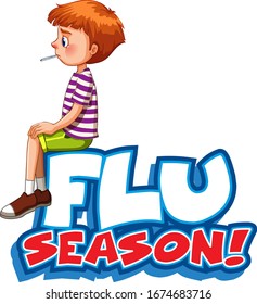 Font design for word flu season with sick boy illustration