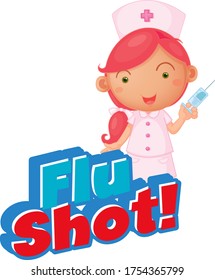 Font design for word flu shot with nurse and vaccine illustration