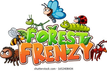 Font design for word forest frenzy with insects in background illustration