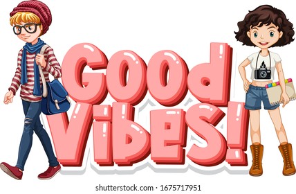Font design for word good vibes with happy teenagers illustration