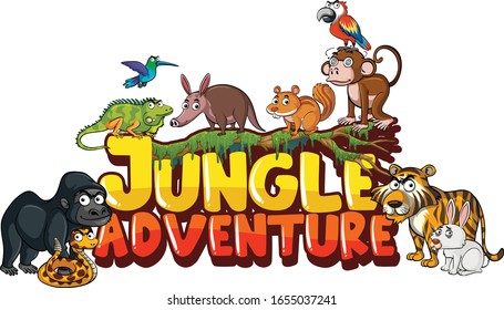 Font design for word jungle adventure with many wild animals illustration