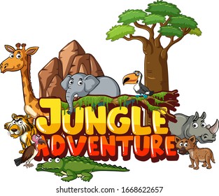 Font design for word jungle adventure with wild animals in background illustration