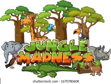 Font design for word jungle adventure with animals in forest illustration