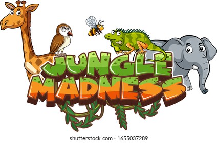 Font design for word jungle madness with wild animals illustration
