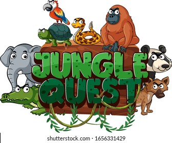 Font design for word jungle quest with wild animals on white background illustration
