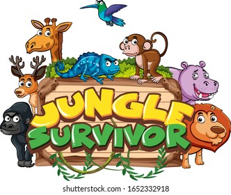 Font design for word jungle survivor with wild animals in background illustration