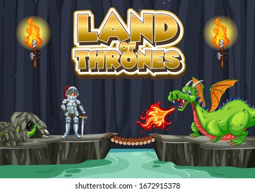 Font design for word land of thrones with king  illustration