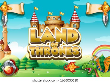 Font design for word land of thrones with garden in background illustration