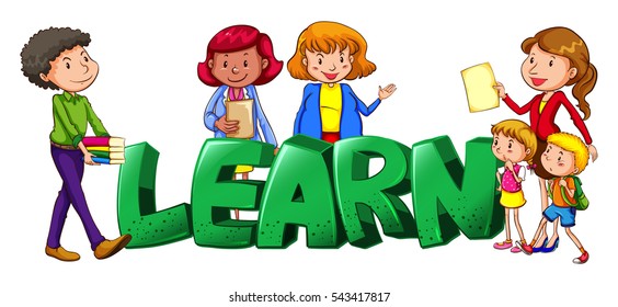 Font design for word learn with teachers and students illustration
