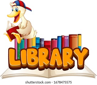 Font design for word library with duck reading book illustration