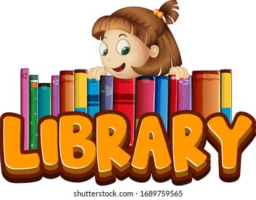 Font design for word library with happy girl and books illustration