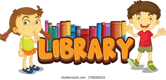 Font design for word library with two happy kids illustration