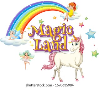 Font design for word magic land with unicorn and fairies illustration