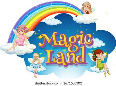 Font design for word magic land with fairies flying in the sky illustration